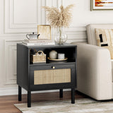 Angel Sar Rattan Night Stand Set 2, Boho Black Nightstands Set of 2, Bedside Table, End Table with Open Storage Space & Metal Legs, Bedroom Night Stand Wood Nightstand Angel Sar
