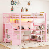 Full Size Loft Bed with LED Light and Stairs, Metal Loft Bed Frame with Desk, Storage Drawers & Shelves, Hanging Rod, Gaming Lofts Beds with Charging Station for Adults Teens Kids Gamer, Pink Mirightone