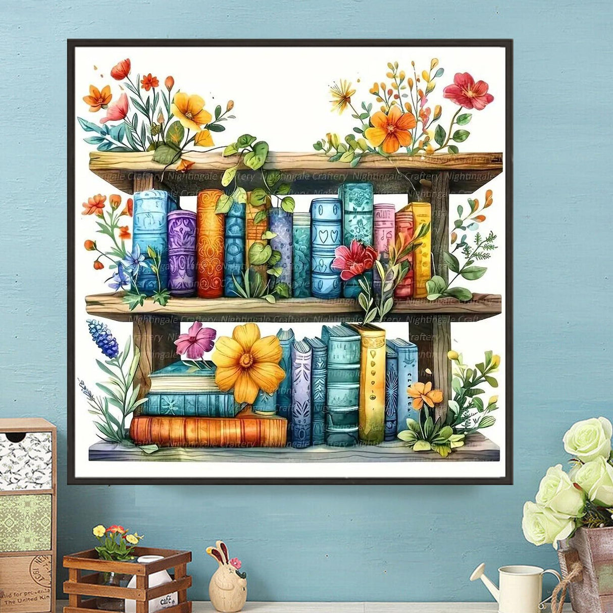 1tonine Flowers Bookshelf Diamond Art Painting Kits for Adults- 5D DIY Diamond dots for Beginners -Full Drill Round Diamond Gem Painting Kit Classroom Wall Art Decor Handmade Gift 1tonine