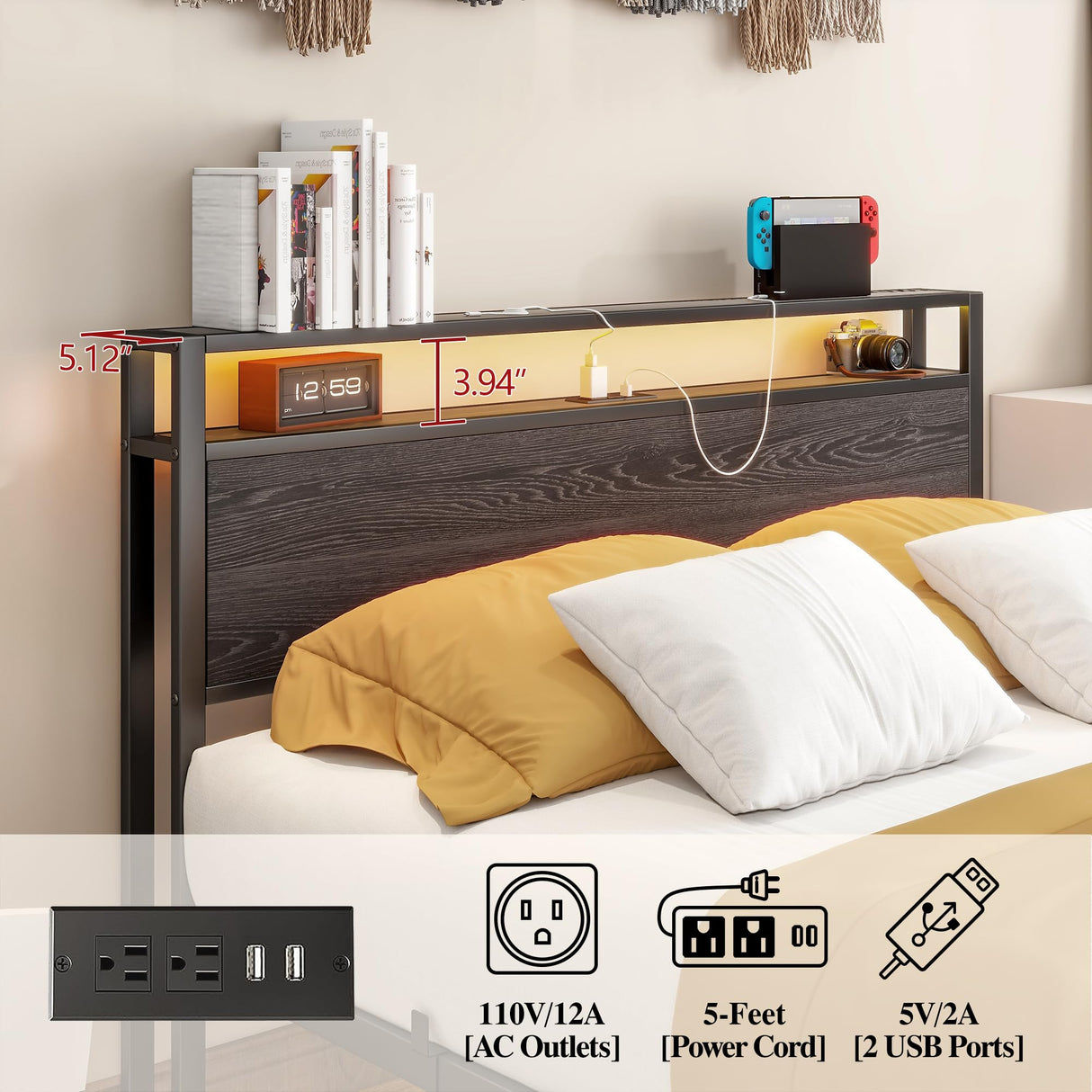BOFENG Full Size Metal Bed Frame with Storage Headboard, LED Lights, and Charging Station BOFENG