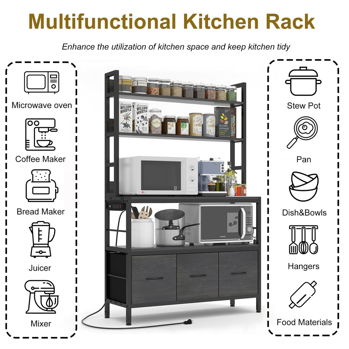 NAIYUFA Kitchen Bakers Rack with Power Outlet,5-Tier Free Standing Kitchen Storage Shelf Bakers Rack with Baskets,Industrial Microwave Oven Stand,Metal Kitchen Rack Organizer with Hooks(Black) NAIYUFA