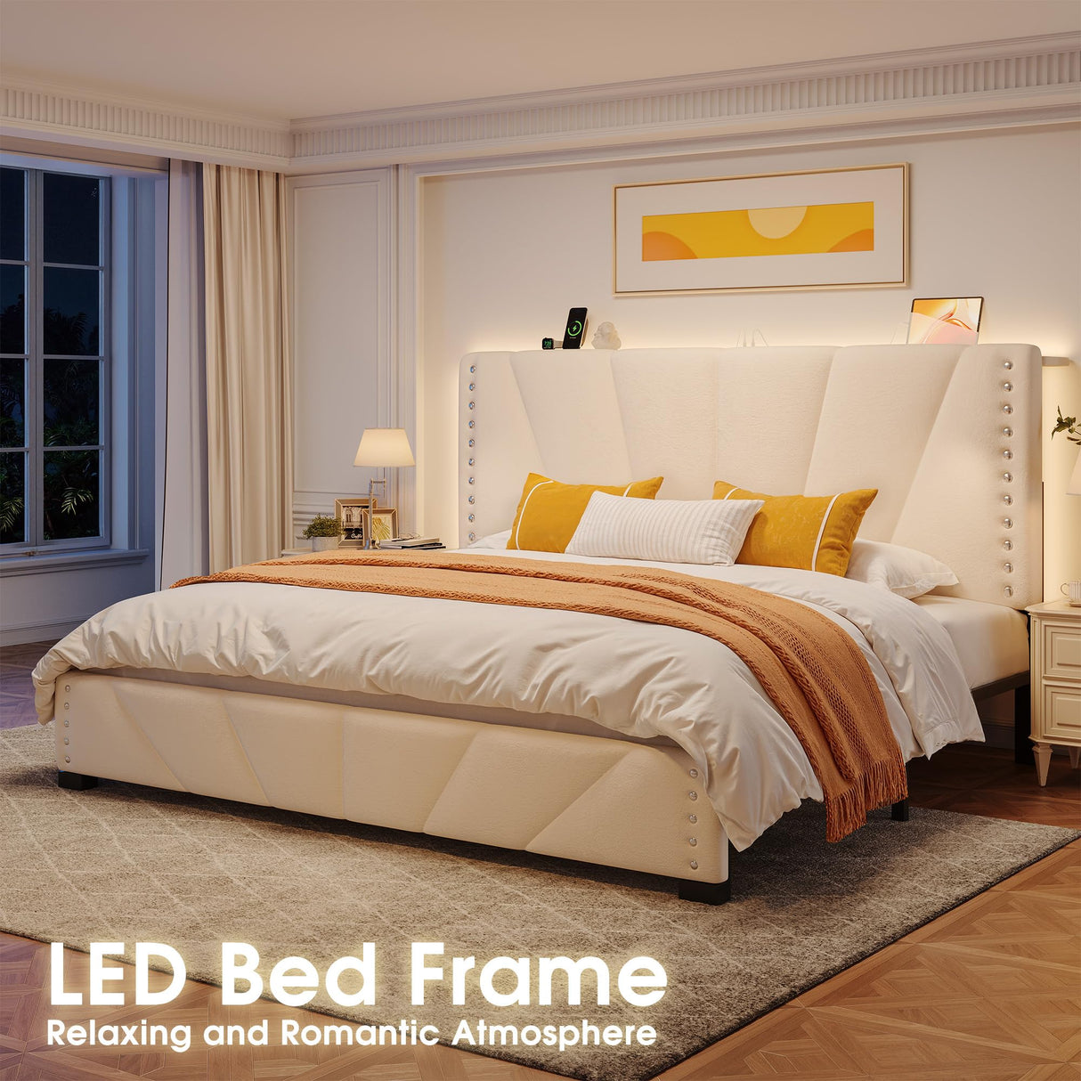 EnHomee King Size Bed Frame, Velvet Bed Frame with Headboard and Led Light, Platform Bed Frame for Bedroom Apartment, Dorm, Noise-Free, Easy Assembly, Beige EnHomee