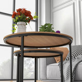 HOJINLINERO Industrial Round Coffee Table Set of 2 End Table for Living Room,Stacking Side Tables, Sturdy and Easy Assembly,Wood Look Accent Furniture with Metal Frame,Black+Teak OAKDK HOJINLINERO