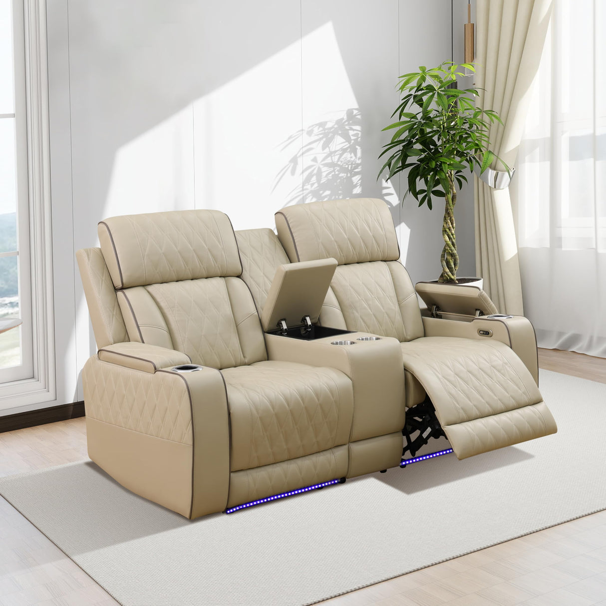 GEBADOL Power Recliner Sofa Set for Living Room,Khaki Leather Reclining Sofas with USB Port,Leather Couch with Power Recliner for Living Room/Apartment/Office GEBADOL