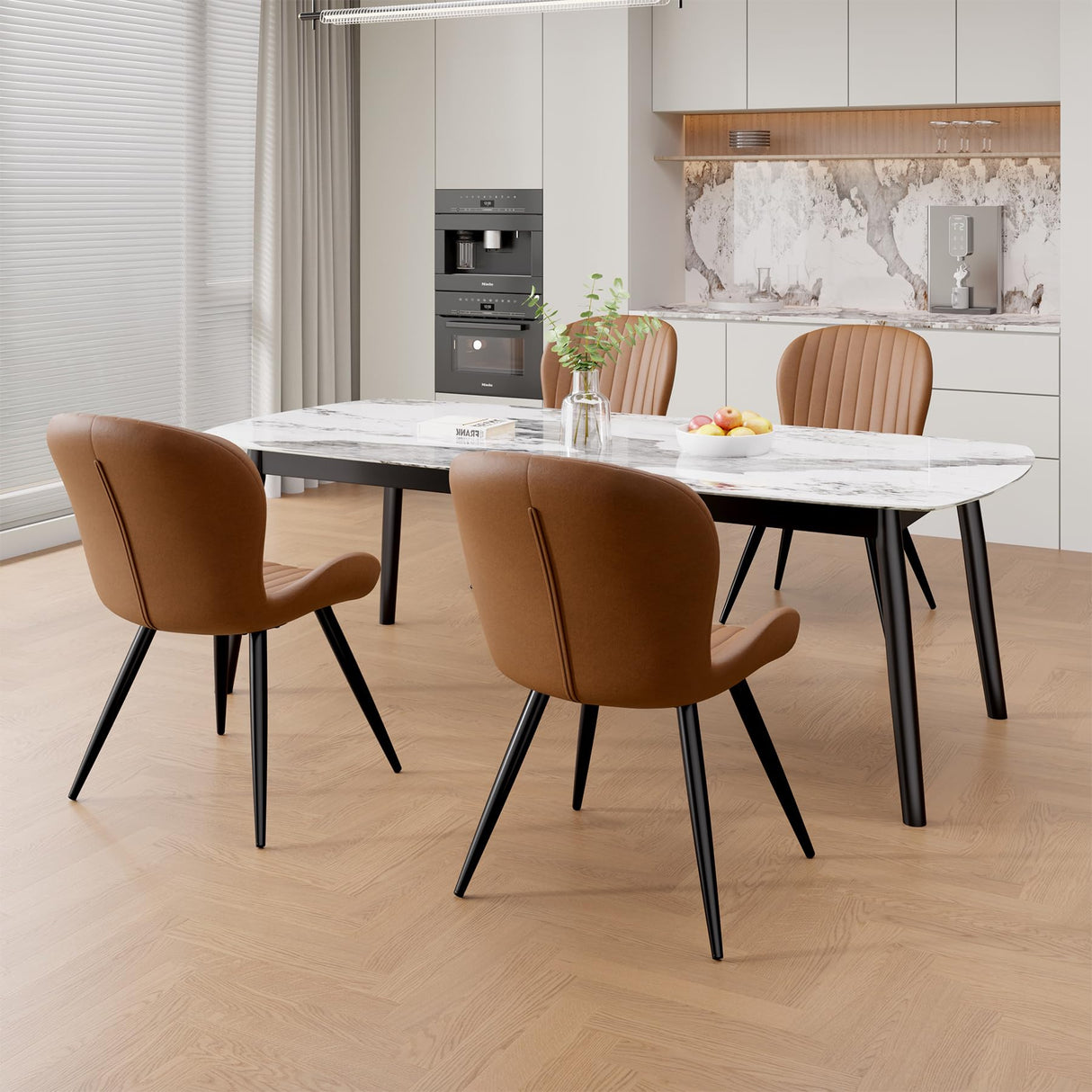 Nalupatio Dining Chairs Set of 4, Modern Dining Room Chairs Comfy Backrest Thick Upholstered Kitchen Chairs 19IN Height with Metal Legs Brown Nalupatio