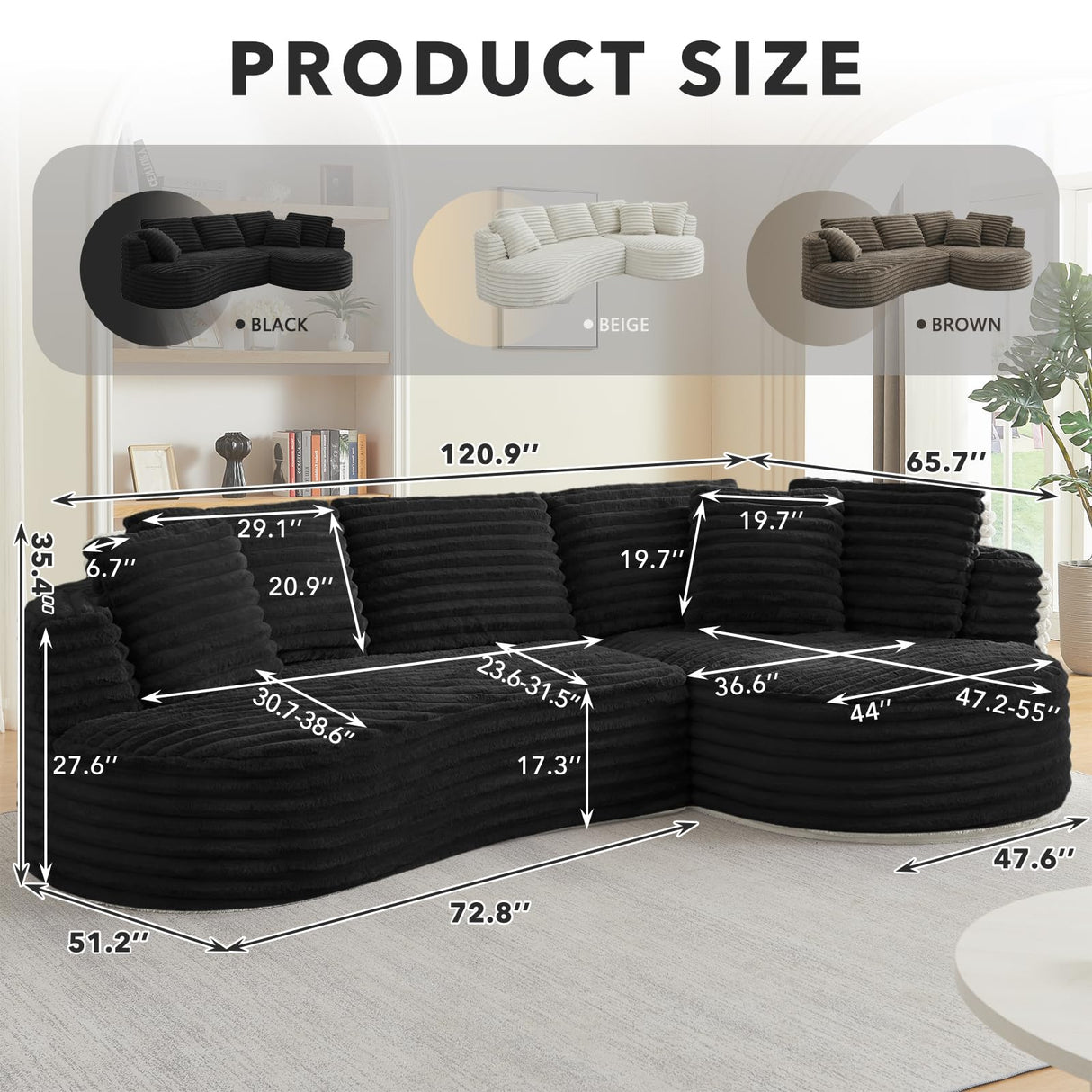 Tabaray 120.9'' Minimalist Curved Sofa, Boneless Modular Sectional Sofa, Cloud Corduroy L-Shaped Couch with Right Chaise, Modern Floor Couches for Living Room, Apartment, No Assembly Required, Black Tabaray