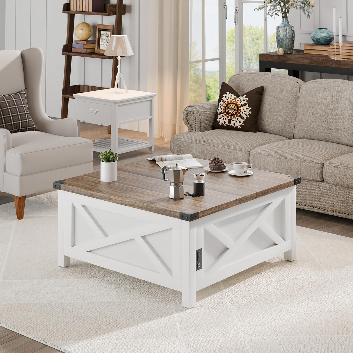 MU Lift Top Coffee Table, Square Coffee Table with Hidden Storage, Farmhouse Wood Table with Charging Station and Barn Door for Living Room, White MU