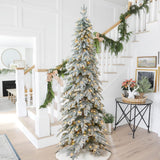 Glitzhome 9ft Pre-Lit Flocked Pencil Spruce Artificial Christmas Tree with 470 Warm White Lights and Sturdy Metal Stand for Home, Office, Party Decoration Glitzhome