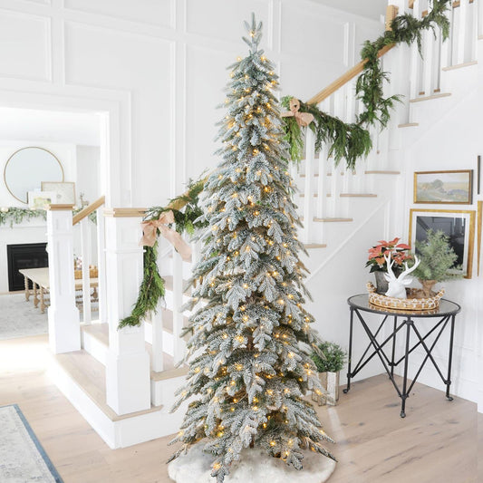 Glitzhome 9ft Pre-Lit Flocked Pencil Spruce Artificial Christmas Tree with 470 Warm White Lights and Sturdy Metal Stand for Home, Office, Party Decoration