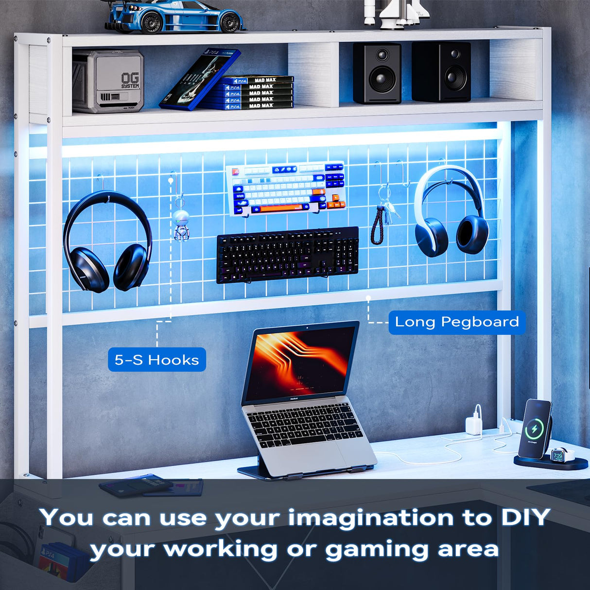 Sunvasagoo U Shaped Desk, 78" Reversible L Shaped Computer Desk with Monitor Stand and LED Lights, Large Office Desk with 4 Storage Cabinets, Corner Game Table with Power Outlets, White Sunvasagoo