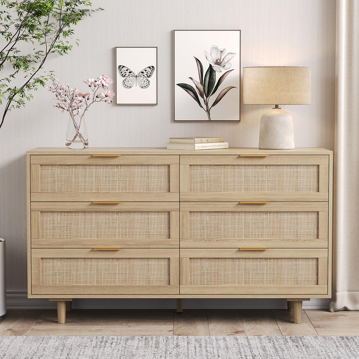 Angel Sar Rattan Dresser for Bedroom, 6 Drawer Wide Dresser, Boho&Farmhouse Chest of Drawers, 51" Clothes Storage Cabinet, Metal Handle&Wood Legs for Hallway, Living Room, Bedroom, Wood Angel Sar