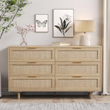 Angel Sar Rattan Dresser for Bedroom, 6 Drawer Wide Dresser, Boho&Farmhouse Chest of Drawers, 51" Clothes Storage Cabinet, Metal Handle&Wood Legs for Hallway, Living Room, Bedroom, Wood Angel Sar