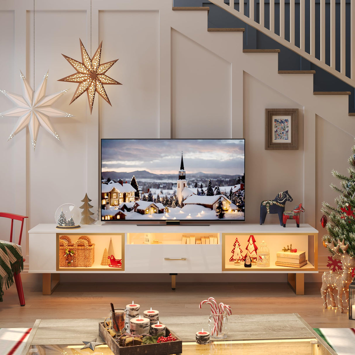 Bestier TV Stand with LED Light for TVs up to 80 inch, Modern Entertainment Center with Open Storage and Half-Glass Design Drawer, High Gloss Media Console Table for Living Room Bedrom, White and Gold Bestier