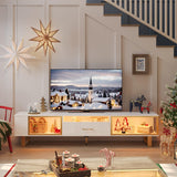 Bestier TV Stand with LED Light for TVs up to 80 inch, Modern Entertainment Center with Open Storage and Half-Glass Design Drawer, High Gloss Media Console Table for Living Room Bedrom, White and Gold Bestier