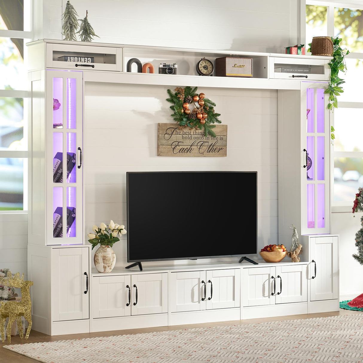 LUXOAK 98" Wide Wall Unit TV Stand with Storage for TVs up to 80", Large Modern TV Console Table with LED Lights, Entertainment Center with Bookshelves for Living Room, White LUXOAK