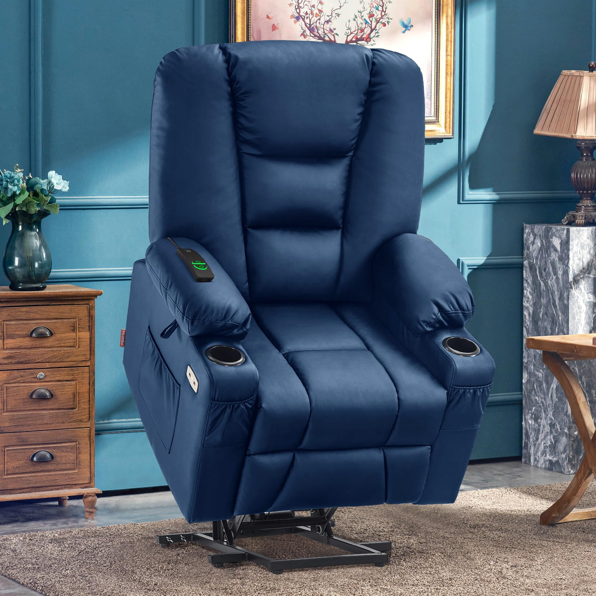 MCombo Large Power Lift Recliner Chair Sofa with Massage and Heat for Big and Tall Elderly People, 3 Positions, Cup Holders, and USB Ports, Faux Leather 7539 (Large, Navy Blue) MCombo