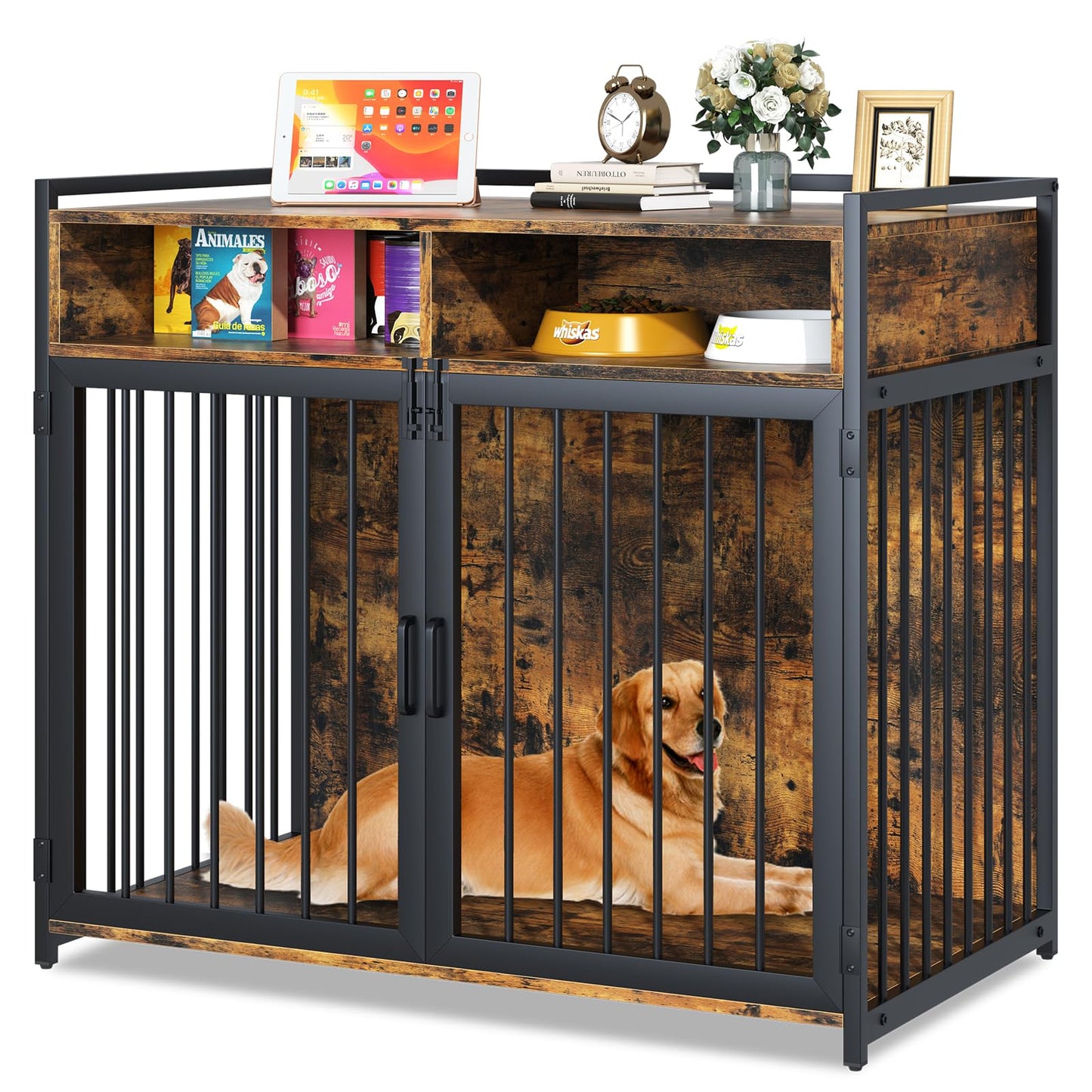 aboxoo Dogs Crate 32" Inches Furniture-Style Cages,Large Dog Kennels Indoor Use for Dogs,Heavy Duty Super Sturdy Dog Kennels with Storage and Anti-Chew(Rustic Brown)