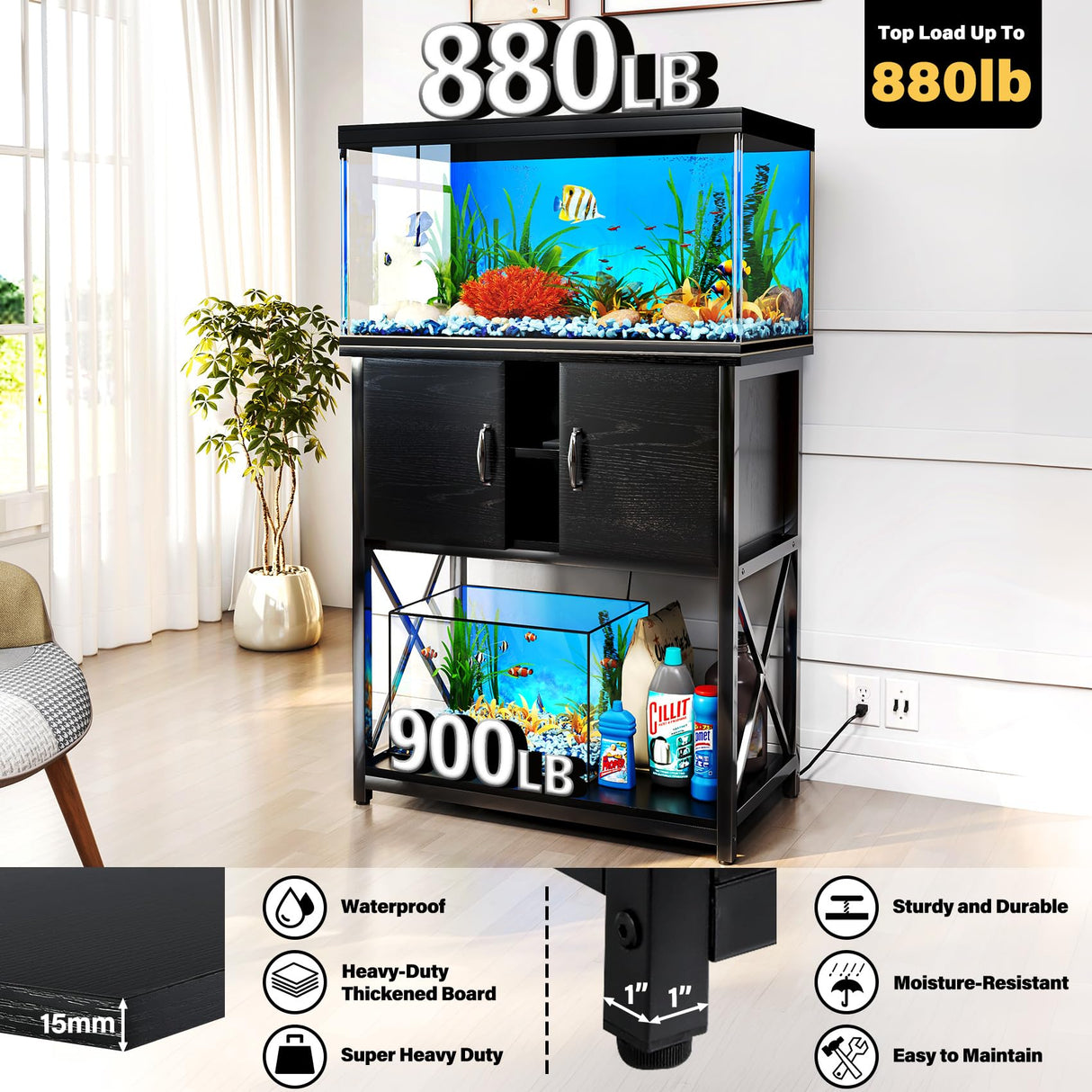 TC-HOMENY 10-29 Gallon Aquarium Stand with Charging Station and Cable Holes, Metal Fish Tank Stand with Storage Cabinet, 29" L x 16.5" W Tabletop, 880LBS Capacity TC-HOMENY