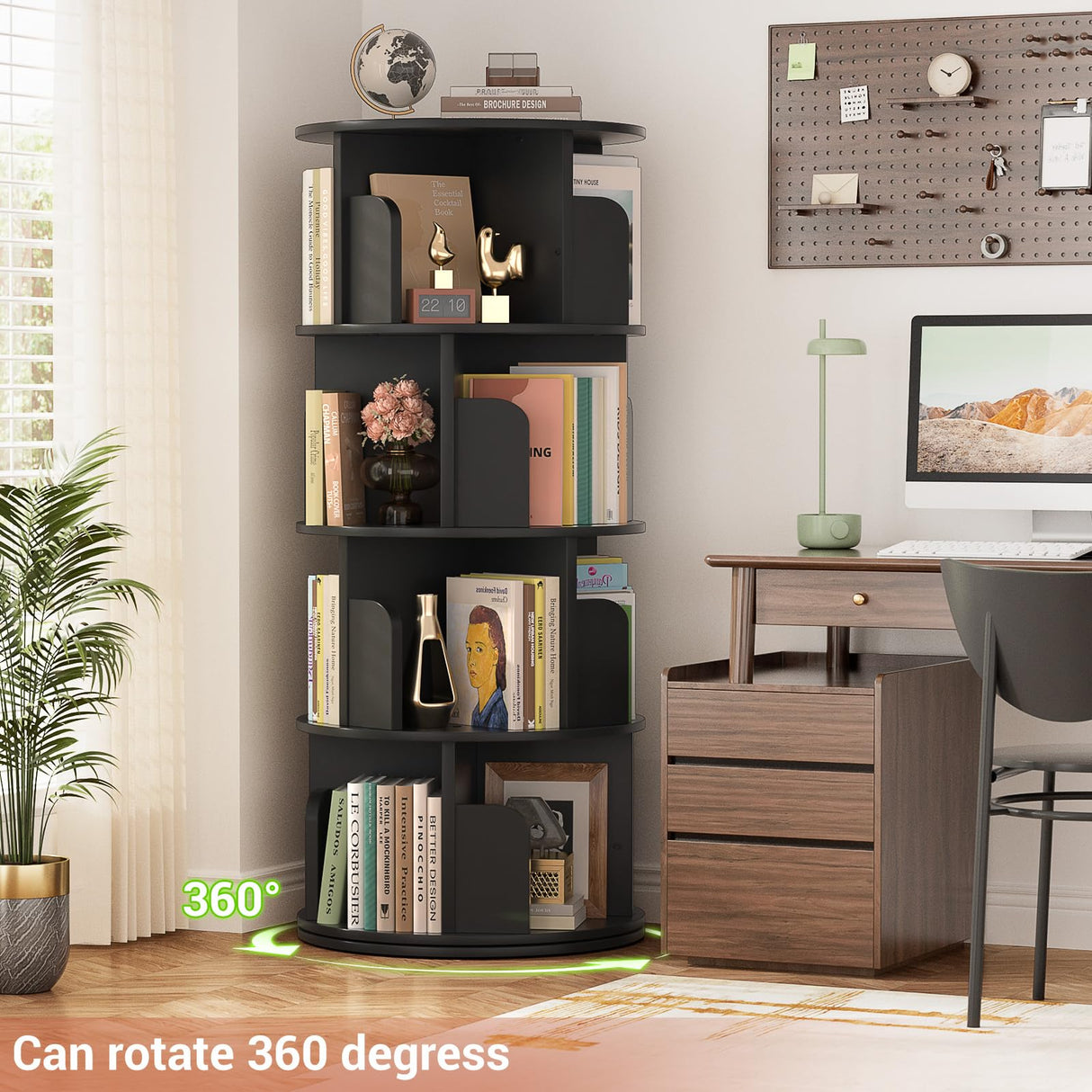 Besiost 360° Rotating 4-Tier Black Corner Bookshelf for Small Spaces Besiost