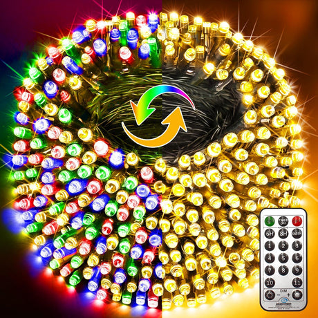 KNONEW 197FT 500 LED Christmas Lights Color Changing String Lights Outdoor with 11 Modes Timer, Green Wire Fairy Light Plug in Waterproof for Xmas Yard Wedding Decorations (Warm White to Multicolor) KNONEW