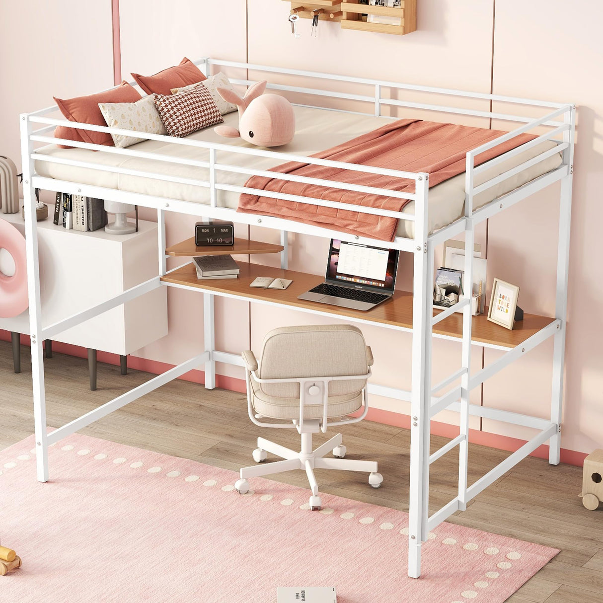 Harper & Bright Designs Metal Full Size Loft Bed Frame, Loft Bed Full with Desk and Shelves, Space Saving Metal Loft Bed with Desk Underneath for Kids,Teens (Full,White) Harper & Bright Designs
