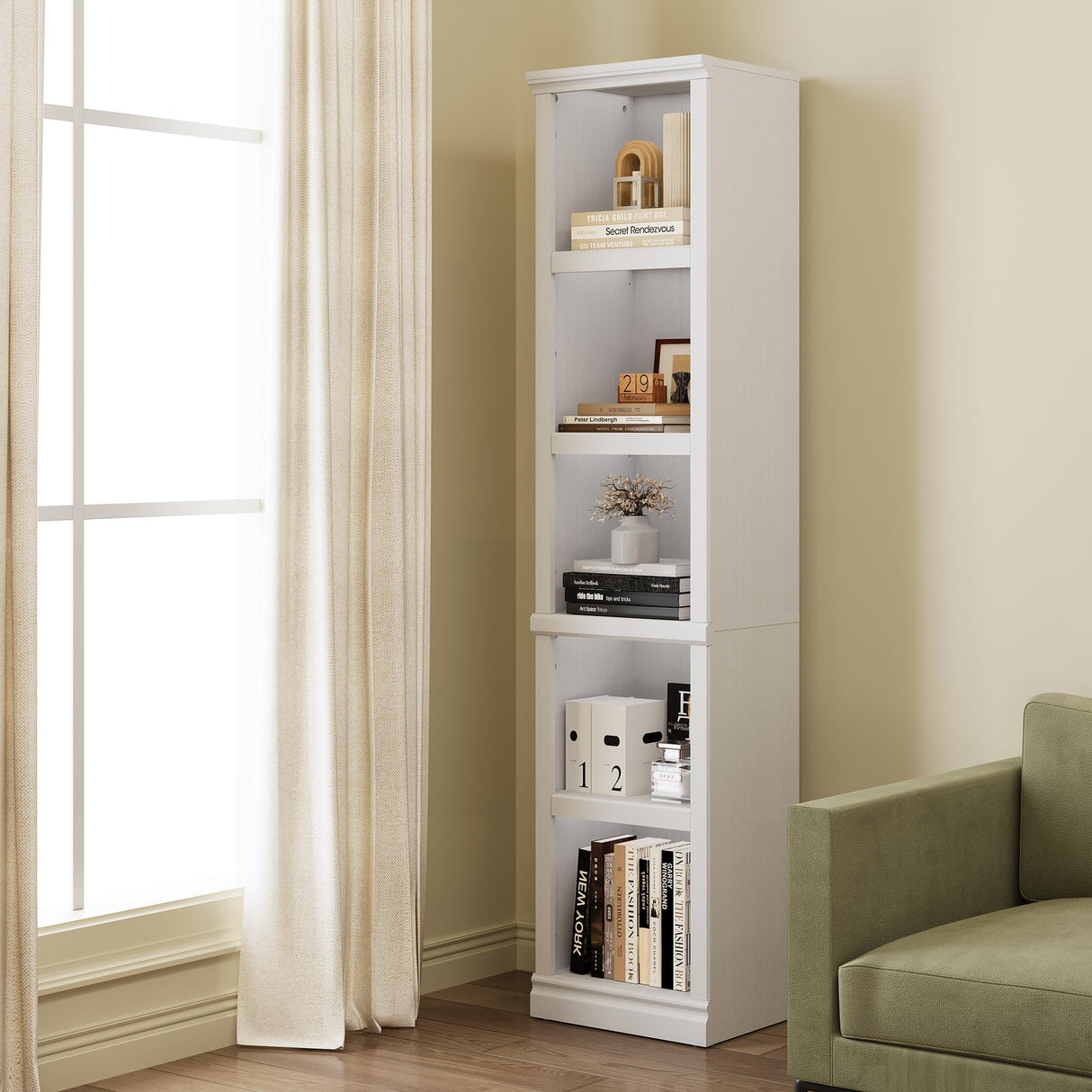 Bevfint 70" Tall Bookcase, White Narrow Floor Standing Bookshelf, 5 Tier Shelves Open Storage Organizer, Book Case for Living Room Hallway Kitchen Home Office Bathroom, White - 5 Tier Bevfint