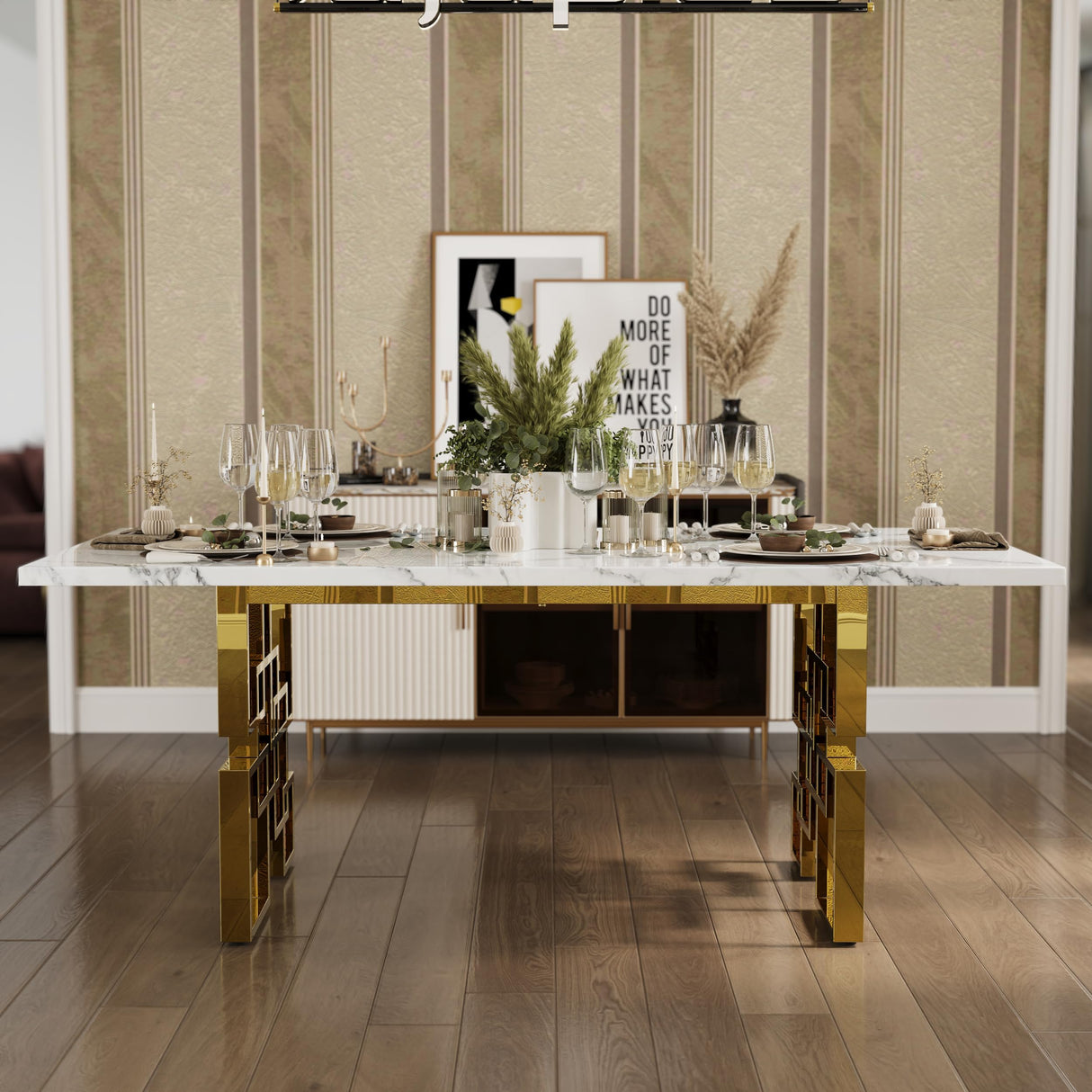 AUZ 9 Piece Dining Room Table Set with Chairs, Luxury White and Gold Dining Room Table Set for 8, 78 inch Rectangular Dining Table Set with 8 White Leather Dining Chairs AUZ