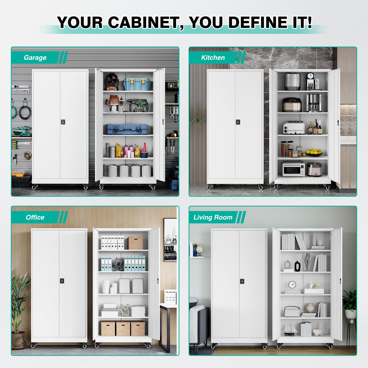 SISESOL Metal Storage Cabinet with Wheels,75 inch Rolling Garage Storage Cabinet with Lock,White Metal Cabinets with Wheels and Shelves,Tool Cabinets on Roller for Garage,Home,Office,Shop SISESOL