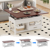 Lift Top Coffee Table with Storage, Grey Lift Top Coffee Table with Drawers&Hidden Compartment, Multi-Functional Center Table, Convertible Coffee Tables into Dining Table for Home Living Room (White) SAHISTCT