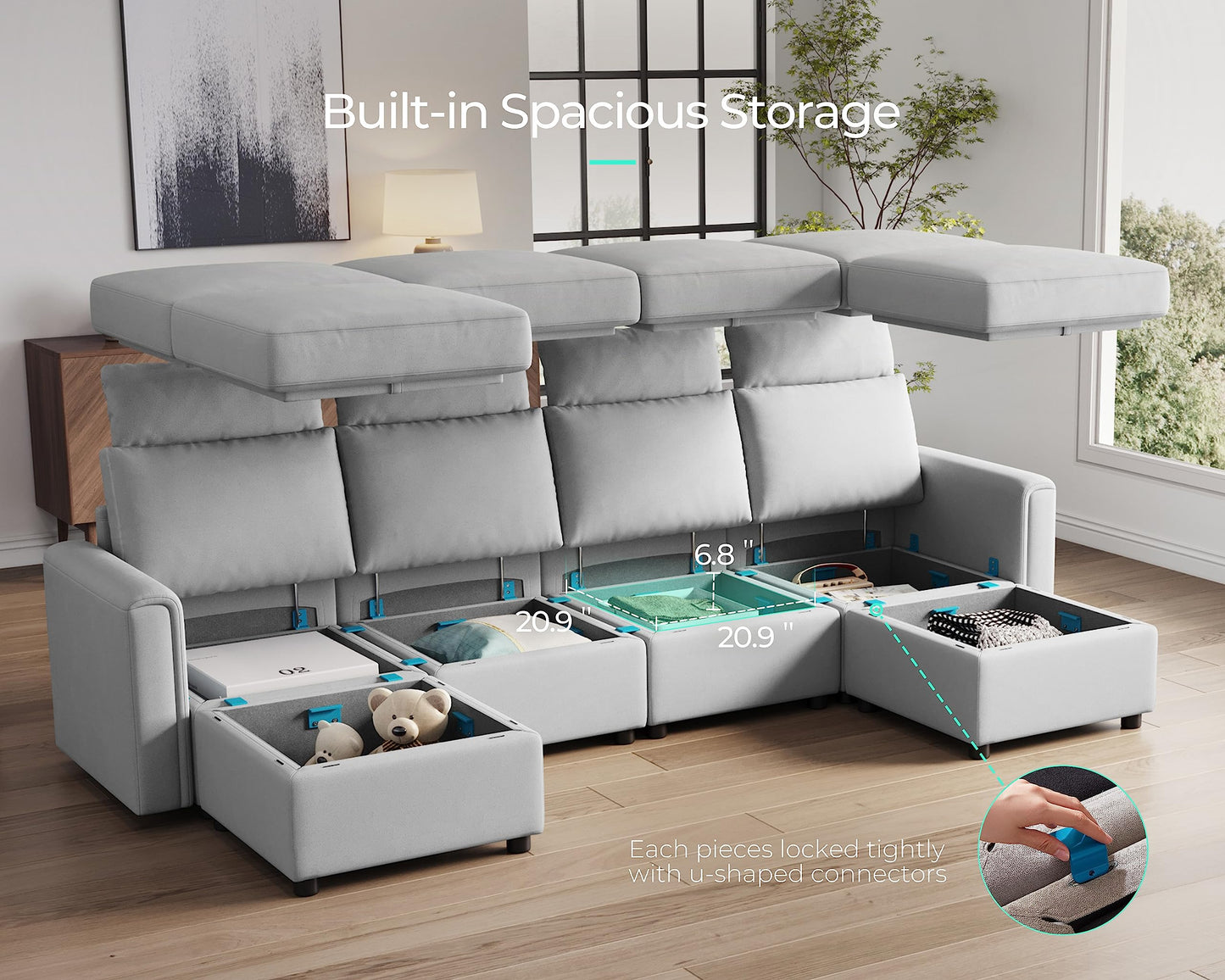 LINSY HOME Modular Sectional Sofa, Upgraded High Back Sectional Couch with 4 Headrests, U Shaped Sleeper Sofa with Storage, Sofa Covers Removable, 6 Seat Couch with Ottoman for Living Room, Grey