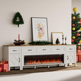 BVIUNTWO Farmhouse TV Stand with Fireplace for TVs Up to 100 Inch,Entertainment Center with 60" Electric Fireplace,98" TV Console with Storage Cabinet Drawers for Living Room(Off White) BVIUNTWO