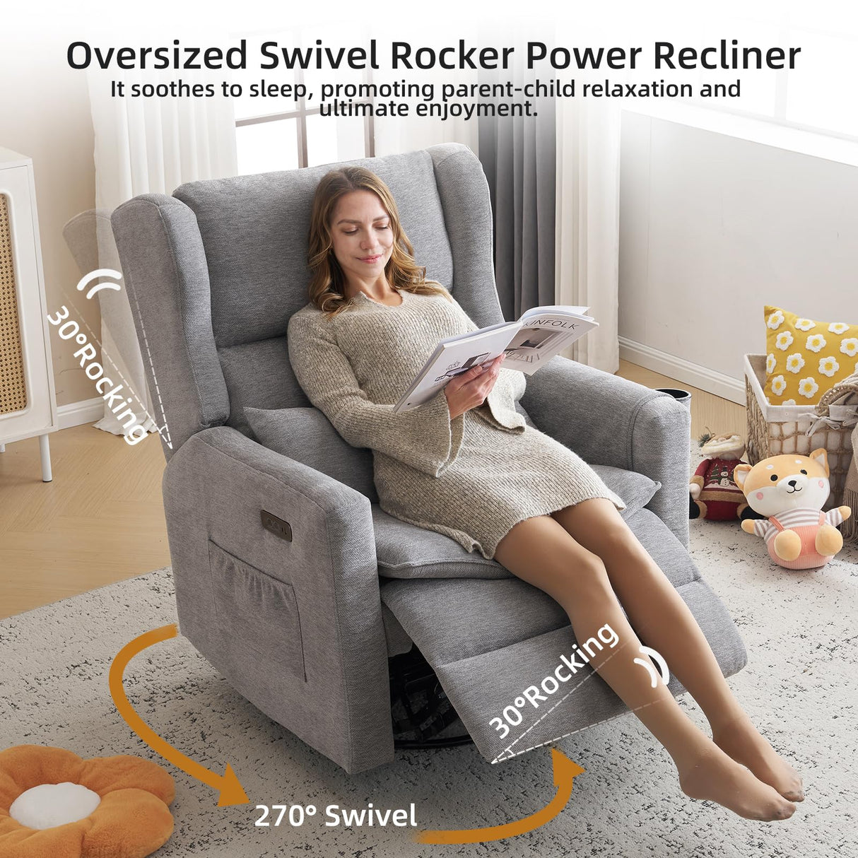Rhevoy Oversized Swivel Rocker Recliner Chair, 26" Extra Wide Glider Nursery Chair with Adjustable Headrest, Chenille Power Recliner Rocking with Double Cushion, Cup Holder, Grey Rhevoy