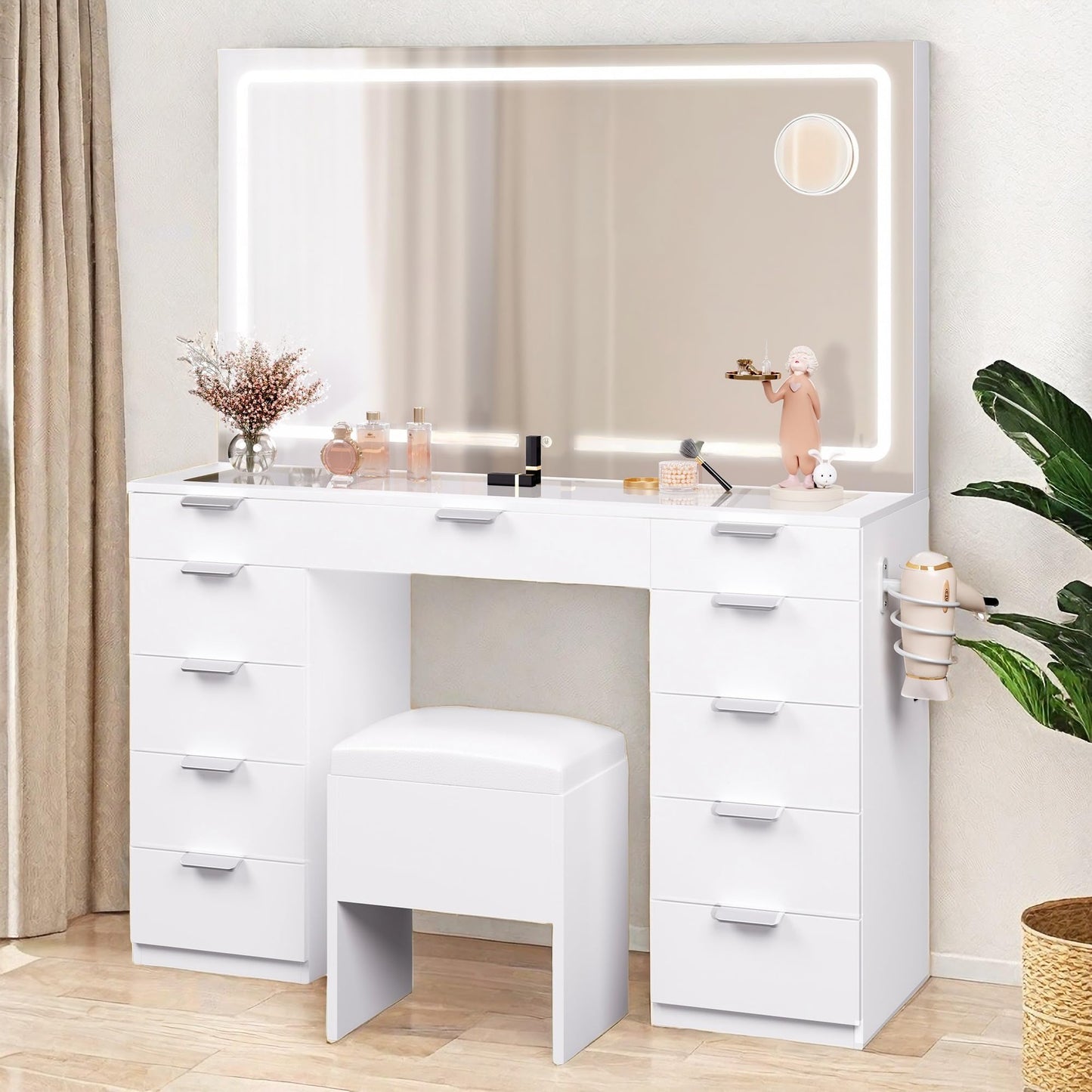 YITAHOME Makeup Vanity with Spacious LED-Lit Mirror & Built-in Socket, Vanity Table with 11 Compartments and Magnifier, 46'' Beauty Station with Seating for Bedroom - WoodArtSupply