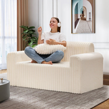 Hobestluk Couch Sofa 2-Seater Foam Sofa Loveseat for Small Spaces Comfy Sofas with Removable Cover Furry Couch with Pillows for Living Room, Bedroom, Apartment, Office (White, Loveseat) Hobestluk