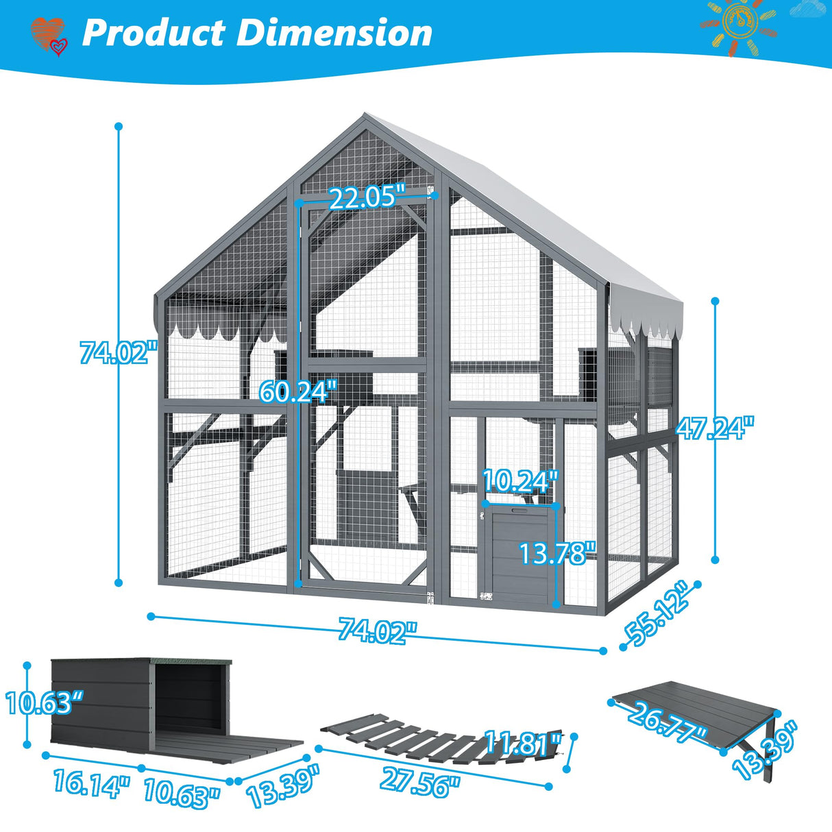 74" Large Wooden Outdoor Cat Catio Enclosure, 6×4ft Walk in Cats House Outside, Cat Shelter Kitty Cage with Sleeping Houses, Bridges, Walking Paths, 3 Doors, Weatherproof Cover Hohuqeri