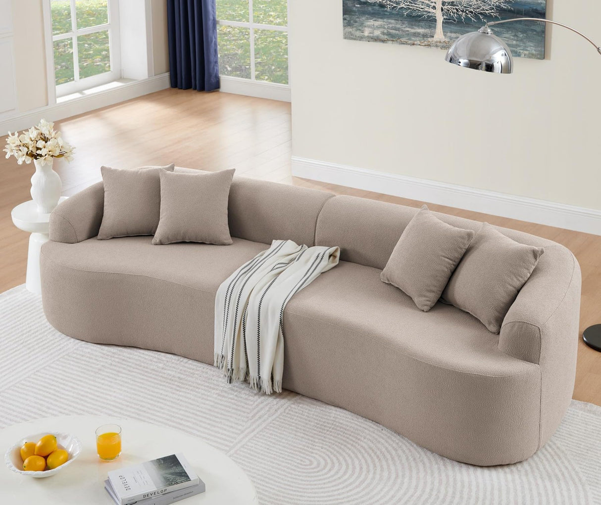 KEIKI Curved Lamb's Wool Boneless Modular Sectional Couch with Pillows, 4 Seater Comfy Cloud Sofa for Living Room Bedroom, Modern Minimalist Style, Compressed (No Assembly Required), Brown KEIKI