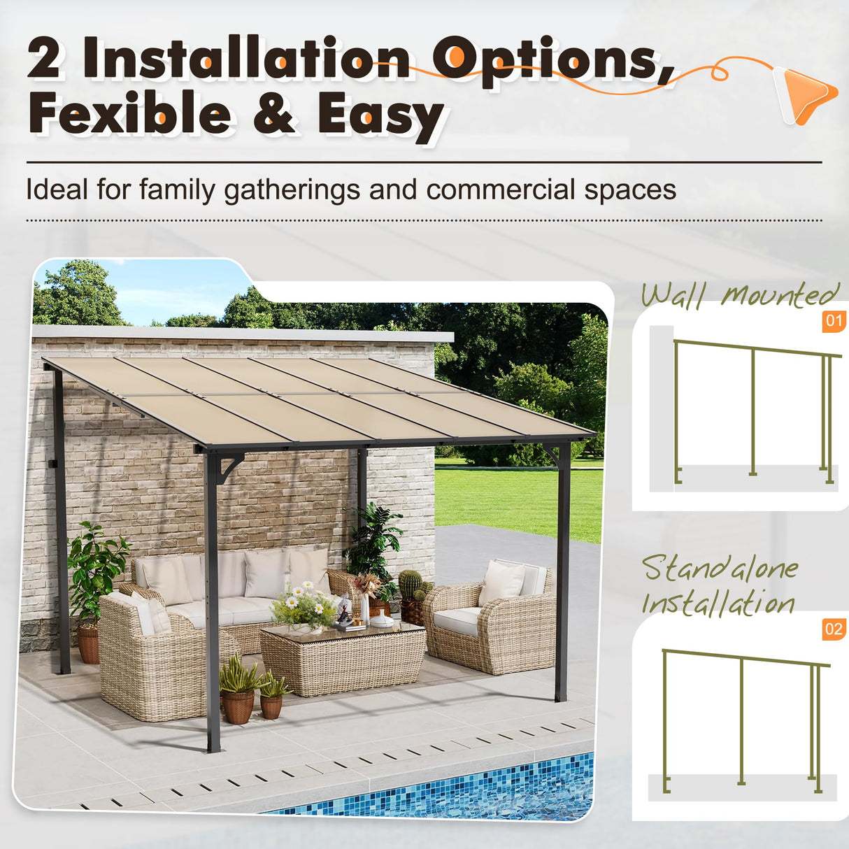 Crownland 10'x10' Outdoor Gazebo Hardtop, Wall-Mounted Lean-to Gazebo with Dewatering Hole, Large Outdoor Pergola Awning, Waterproof for Deck, Backyard, Garden, Porch Crownland