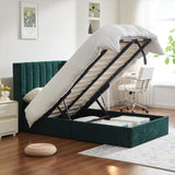 YUHUASHI Queen Size Hydraulic Storage Bed, Upholstered Platform Bed Frame, Modern Wingback Design Headboard, Velvet Fabric with Hydraulic Support Bars, No Box Spring Required (Ink Green, Twin) YUHUASHI