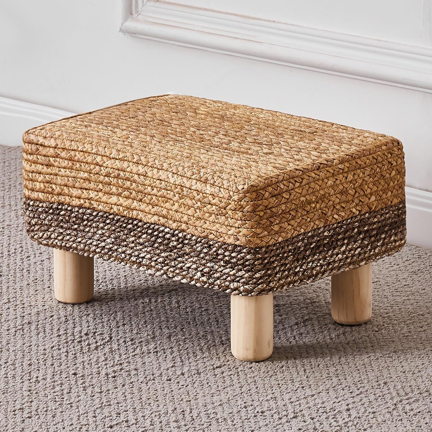 Cpintltr Foot Stool Ottoman Rectangular Footrest Pouf Ottomans Natural Seagrass Footstool with Wooden Legs Hand Weave Step Stool for Living Room Bedroom Entryway Natural White - WoodArtSupply