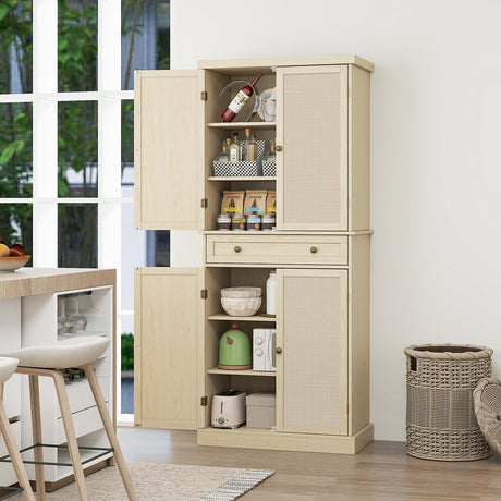 YHAOWORKS Kitchen Pantry Storage Cabinet - Rattan 4 Doors 1 Drawer Tall Cabinet with Adjustable Shelf and 6 Shelves, 72'' Freestanding Cupboard for Living Room, Dining Room, Bathroom (Natural) YHAOWORKS