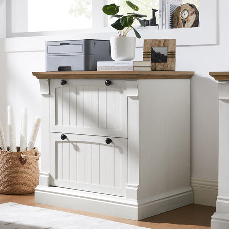 OKD Farmhouse File Cabinet with 2 Drawers, 30" Lateral Filing Cabinet with Hanging File Folders, Interlocking Drawers, Wood Rustic Storage Cabinet for Home Office, Living Room, Antique White OKD