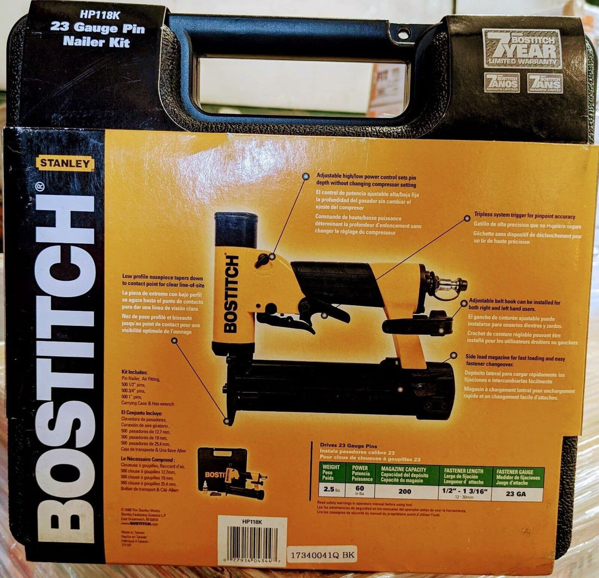 BOSTITCH Pin Nailer 23 Gauge, 1/2-Inch to 1-3/16-Inch (HP118K) , Black Bostitch