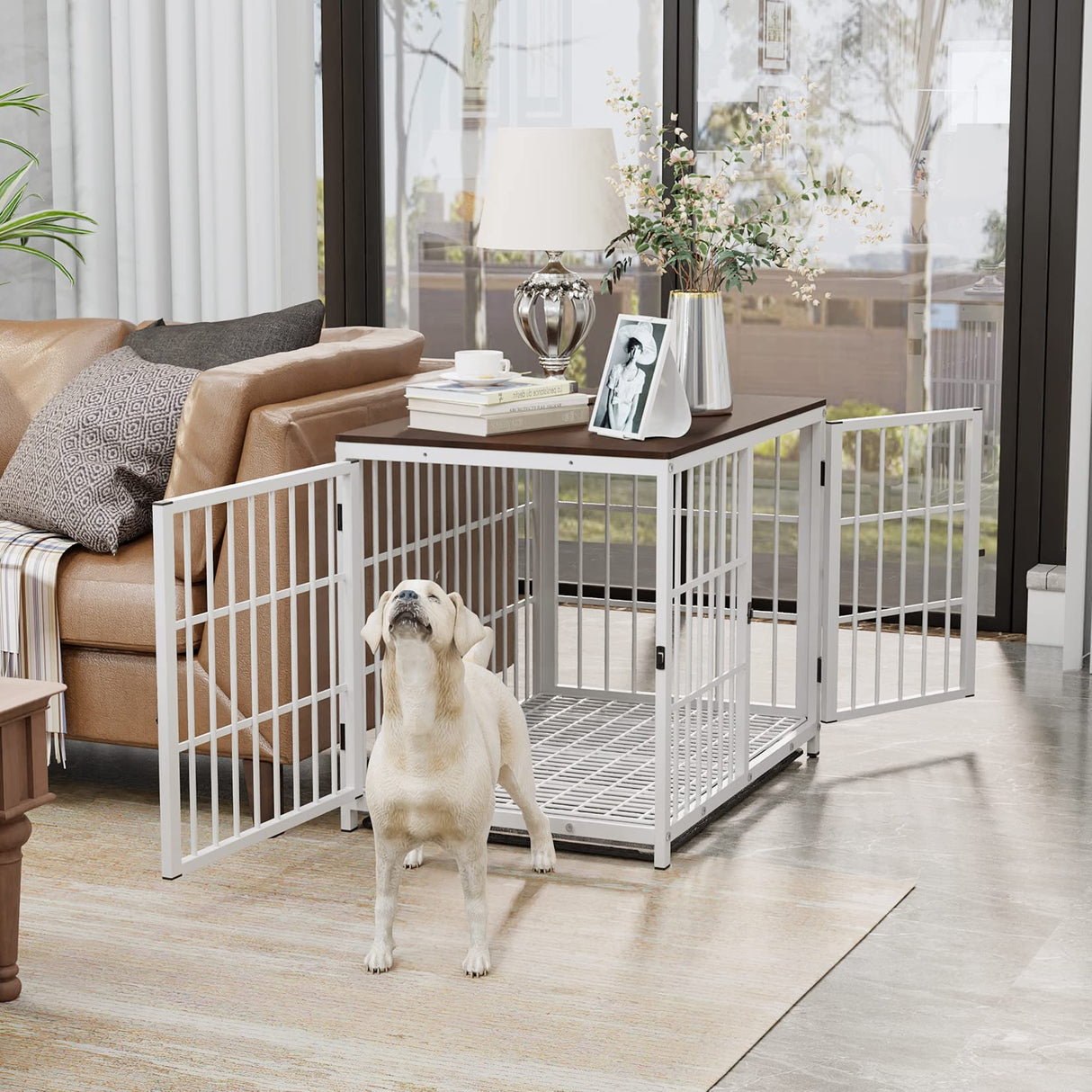 Heavy Duty Dog Crate Furniture: 72Inch Extra Large End Table Style Doggie Crates with Three Doors - Inside Modern Big TV Stand Style Puppy Wooden Kennel with Removable Tray for Medium Large Dogs White BingoPaw