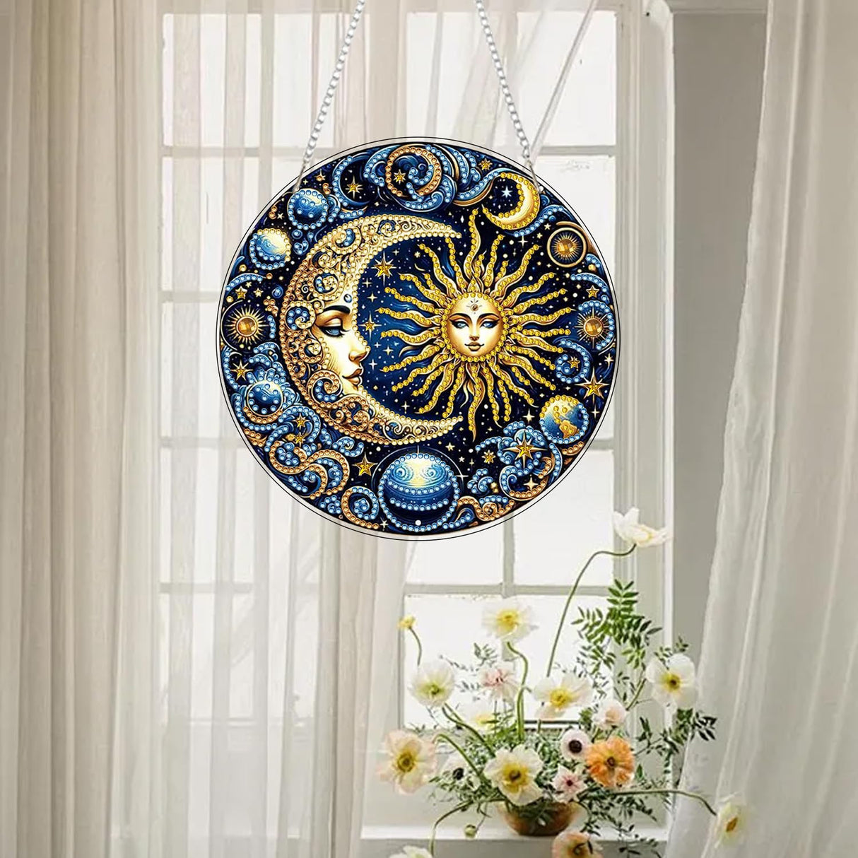 RYMILIE Sun and Moon Diamond Art Hanging Kit for Adult,Special Shaped Rhinestone,Double Sided 5D DIY Acrylic Diamond Art Painting Window Pendants Home Garden Wall Hanging Kits Hanging Ornament RYMILIE