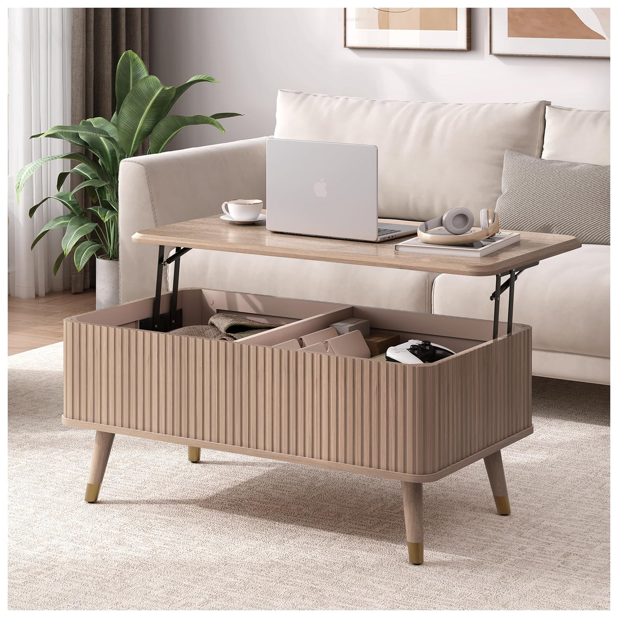 Vanvuson Lift Top Coffee Table with Storage, Mid Century Modern Coffee Table with Solid Wood Legs, 38" Minimalist Fluted Center Table for Living Room, Home Office, Natural Oak Vanvuson