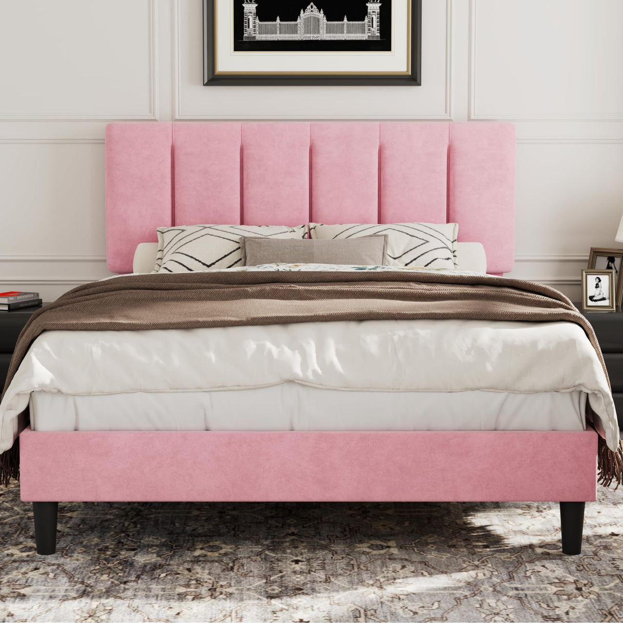 VECELO Queen Bed Frame with Upholstered Headboard, Heavy-Duty Platform Bedframe with Strong Wooden Slats Support, No Boxing Spring Needed, Pink VECELO