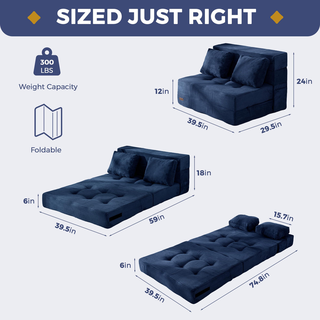 MAXYOYO Convertible Sofa Bed, Fold Out Loveseat Sleeper Sofa with Pillow, 4 in 1 Tufted Folding Couch Bed Foam Floor Couch, Lazy Chair for Living Room Bedroom Guest Room, Navy MAXYOYO