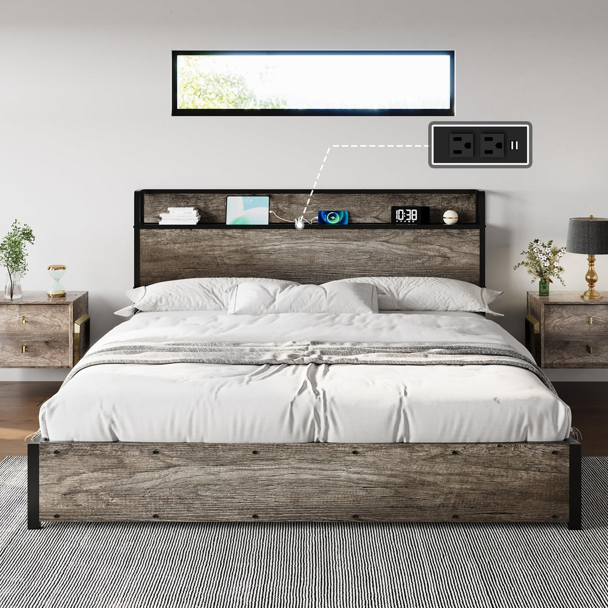 AMERLIFE King Size Lift Up Storage Bed Frame, Wooden Platform Bed Frame with Lifting Storage & Charging Station, No Spring Box Needed/Noise Free, Rustic Grey AMERLIFE