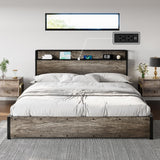 AMERLIFE King Size Lift Up Storage Bed Frame, Wooden Platform Bed Frame with Lifting Storage & Charging Station, No Spring Box Needed/Noise Free, Rustic Grey AMERLIFE