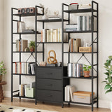 AFLUI Triple Bookshelf with 3 Fabric Drawers, 5-Tier Book Shelf and 10 Display Shelves, Industrial Large Bookcase for Home & Office, Black, 47'' Wide AFLUI